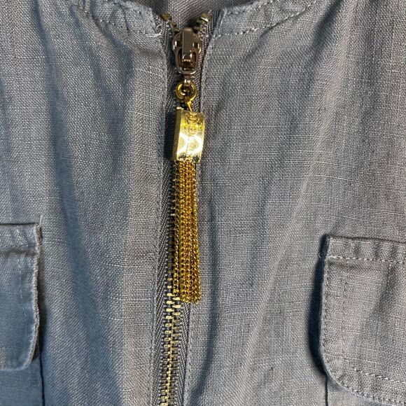 Ellen Tracy Scoop Neck Gold 1/4 Zip 3/4 Sleeve 100% Linen Side Slit Blouse LG - Picture 5 of 10